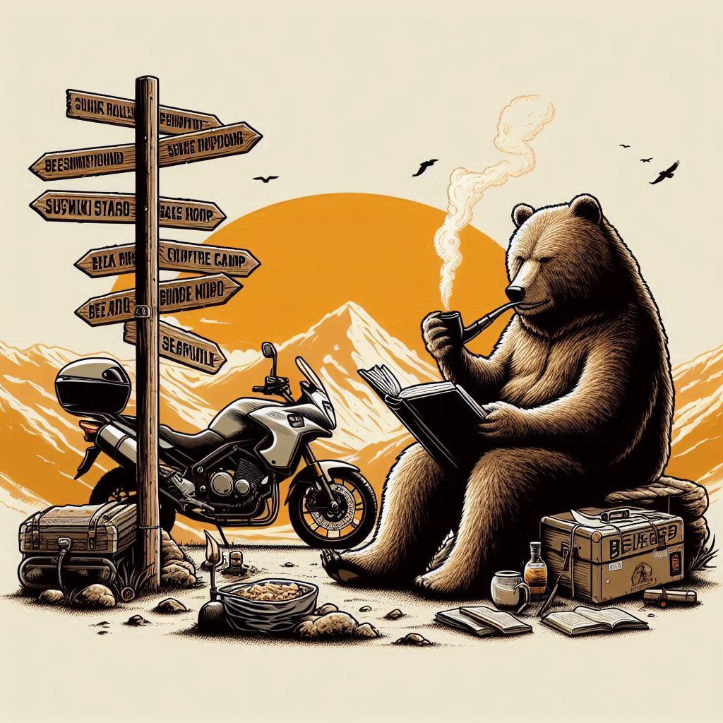 Ein kampierender, buchlesender, Pfeife rauchender Bär vor Motorrad, Wegweiser und Gebirge